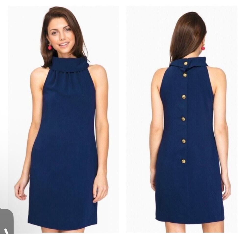SAIL TO SABLE Navy Blue Cowl High Neck Button Back Sleeveless Dress Sz M preppy